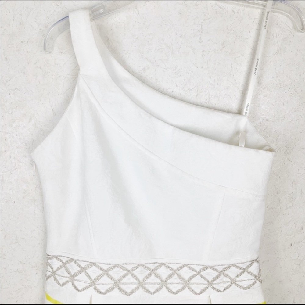 NWT $320 Laura Bernal One-Shoulder White and Yellow Striped Dress - Picture 8 of 14